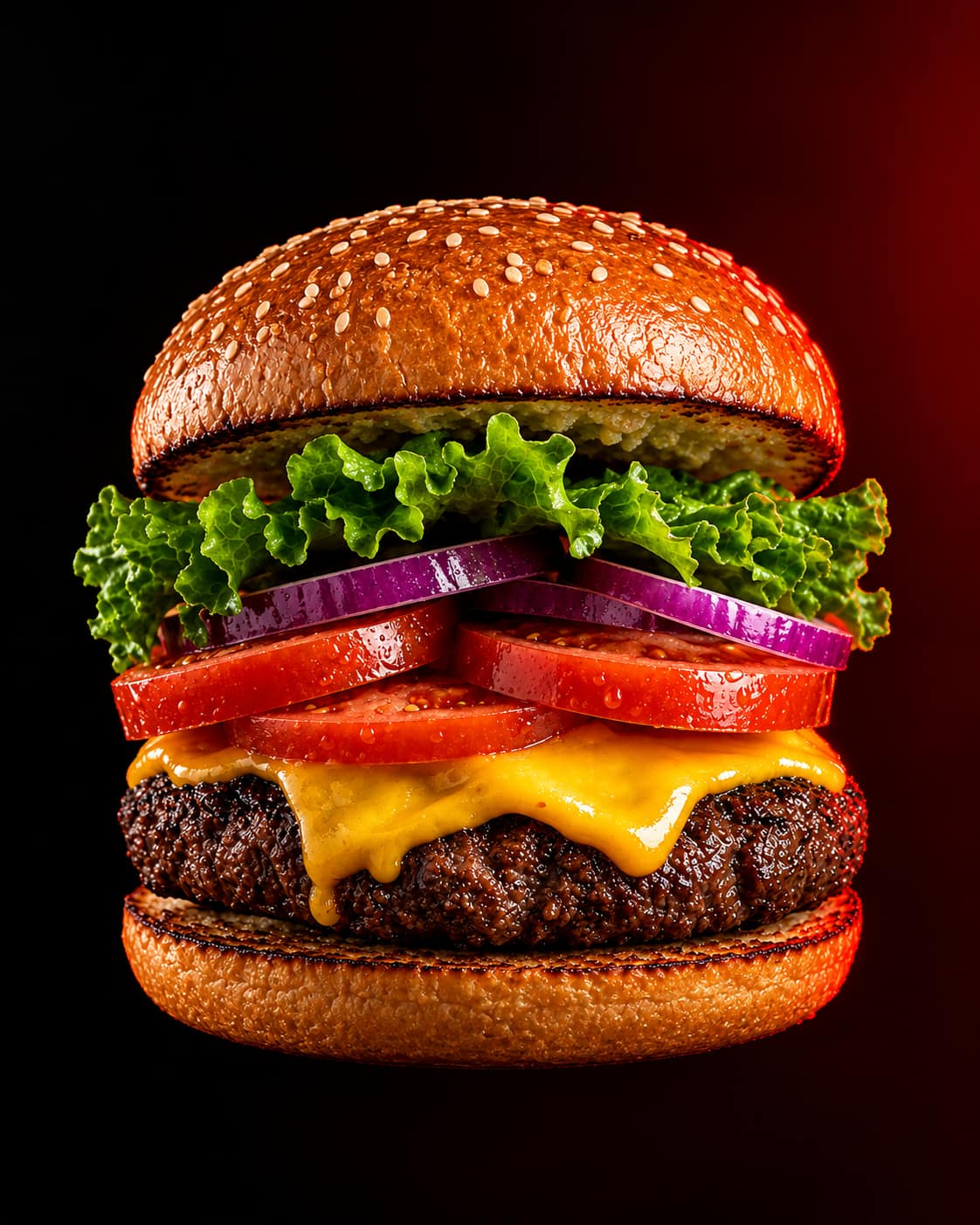 Cheeseburger com queijo derretido, tomate, cebola roxa e alface